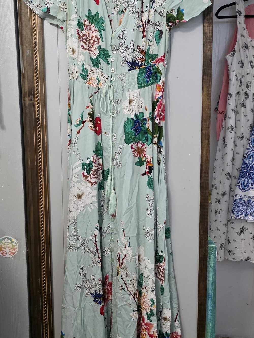 Source Unknown Mint Floral Maxi Dress with Tie Waist